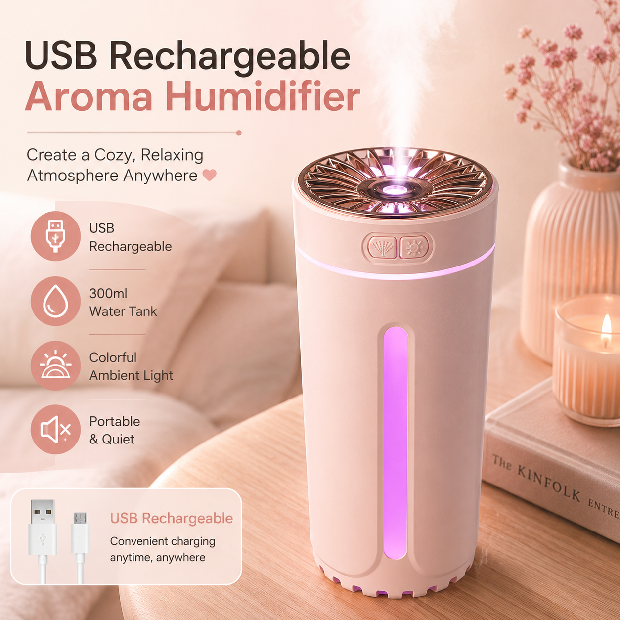 USB Car Aroma Diffuser Humidifier - Pink
