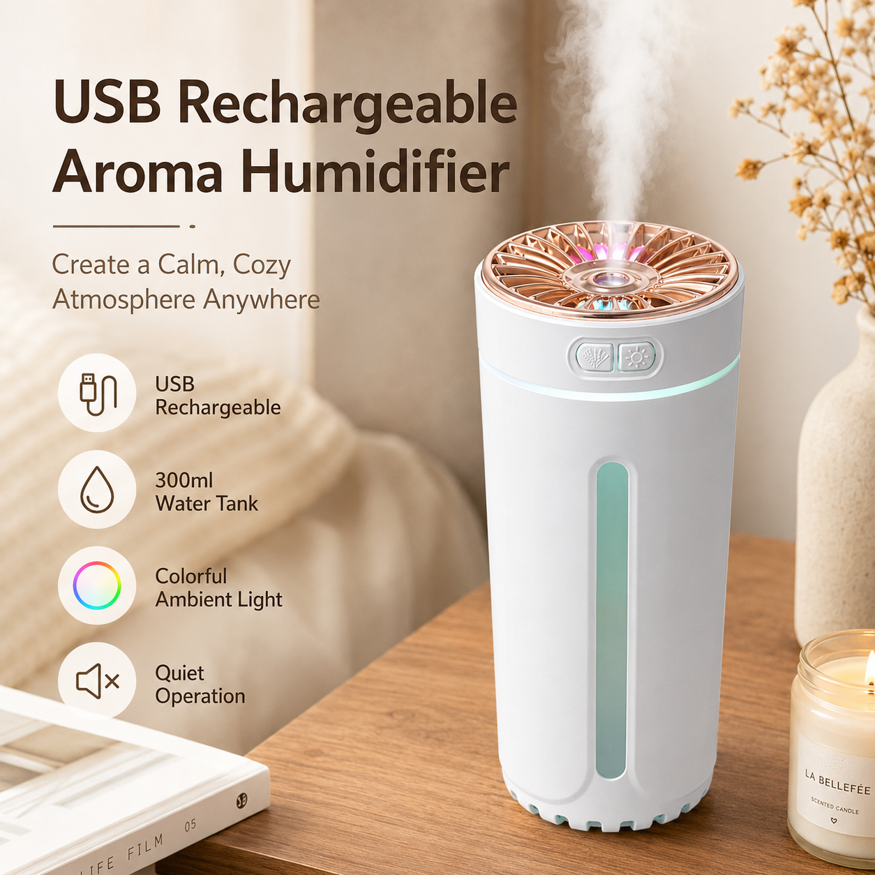 USB Car Aroma Diffuser Humidifier - White