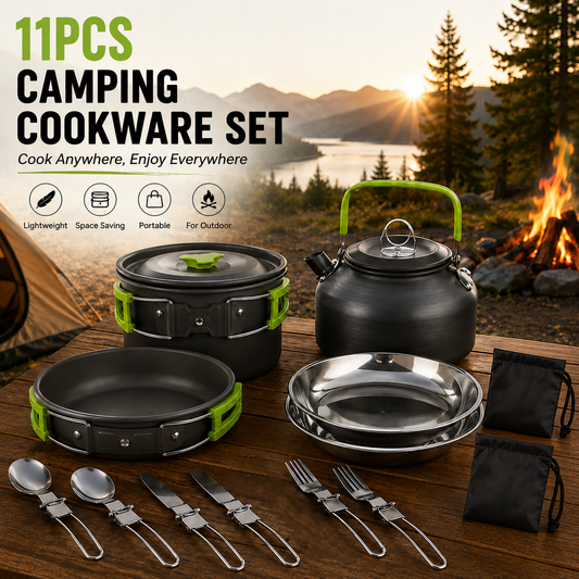 11 Piece Camping Cookware Set - green