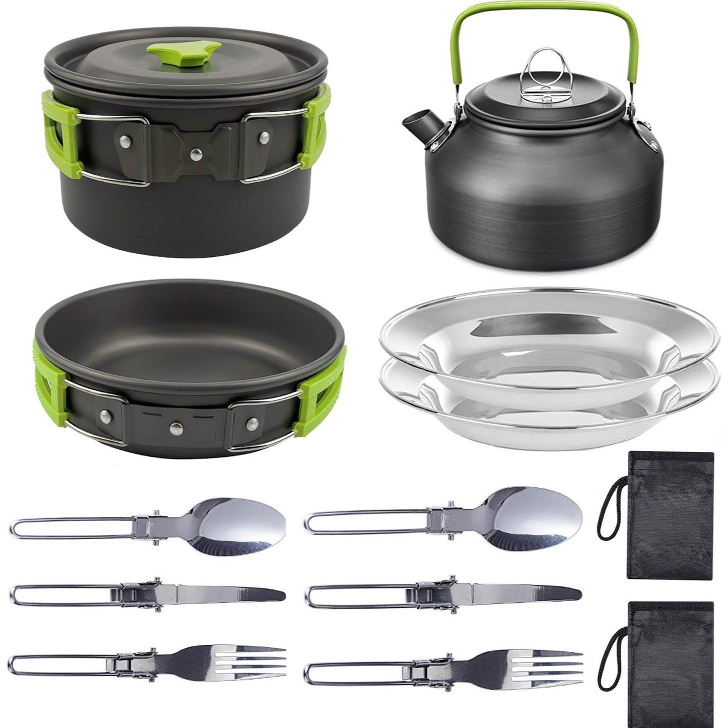 11PCS Green Camping Cookware Set – Lightweight Aluminium Camping Pots, Frying Pan, Kettle & Stainless Steel Cutlery, Portable Non-Stick Outdoor Cooking Set for 2-3 Person Camping, Hiking, Backpacking & Picnic