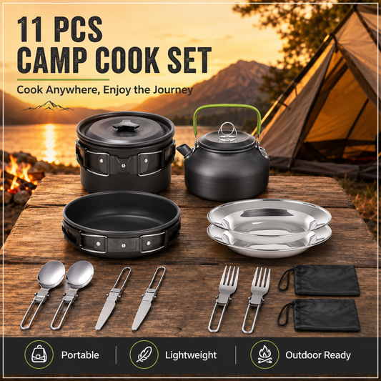 11 Piece Camping Cookware Set - black
