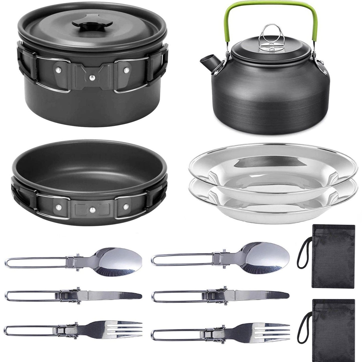 11PCS Black Camping Cookware Set – Lightweight Aluminium Camping Pots, Frying Pan, Kettle & Stainless Steel Cutlery, Portable Non-Stick Outdoor Cooking Set for 2-3 Person Camping, Hiking, Backpacking & Picnic