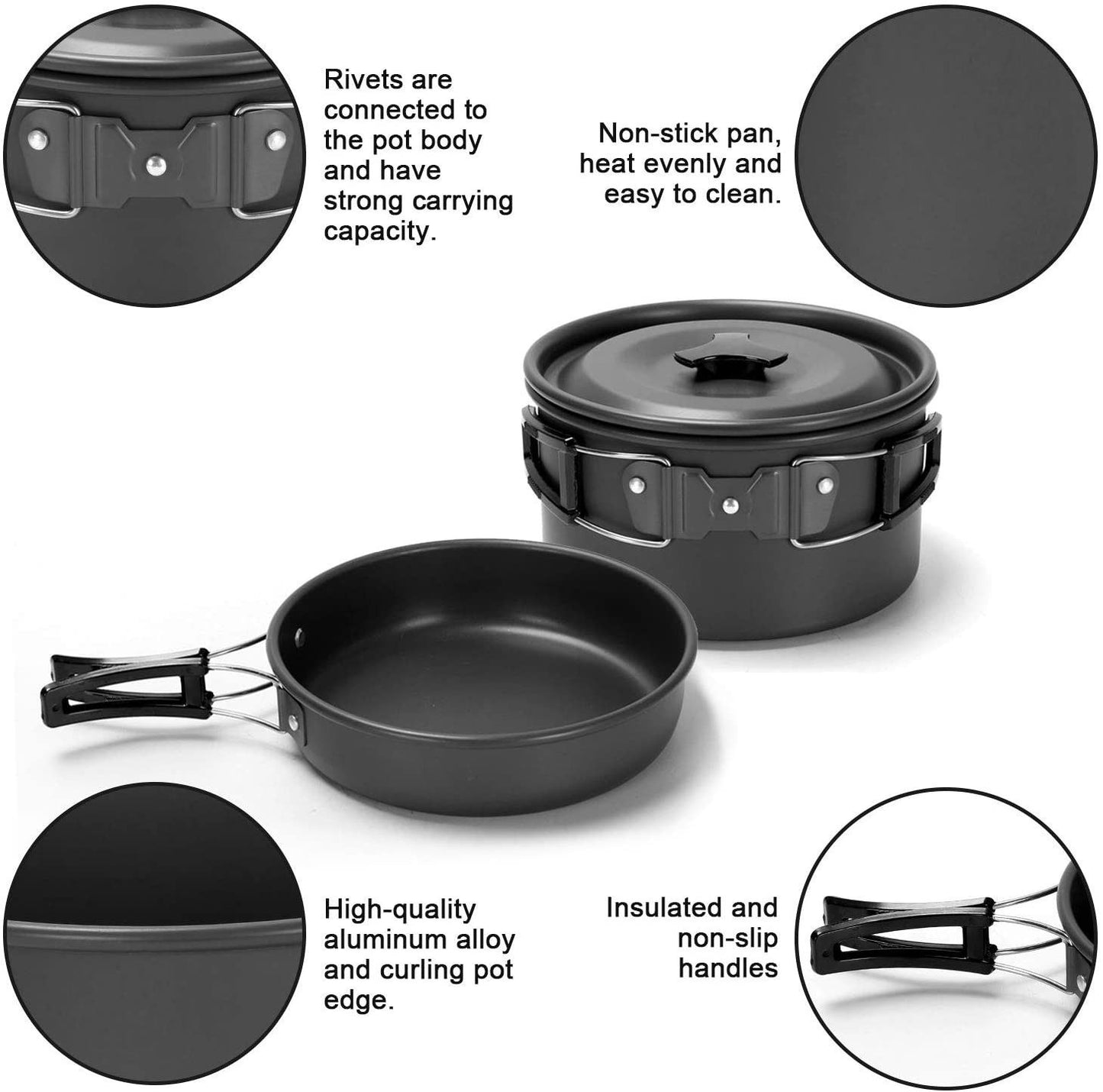 11PCS Black Camping Cookware Set – Lightweight Aluminium Camping Pots, Frying Pan, Kettle & Stainless Steel Cutlery, Portable Non-Stick Outdoor Cooking Set for 2-3 Person Camping, Hiking, Backpacking & Picnic