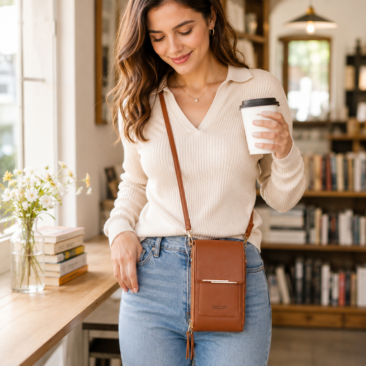 Touch Screen Phone Wallet Crossbody Bag - brown