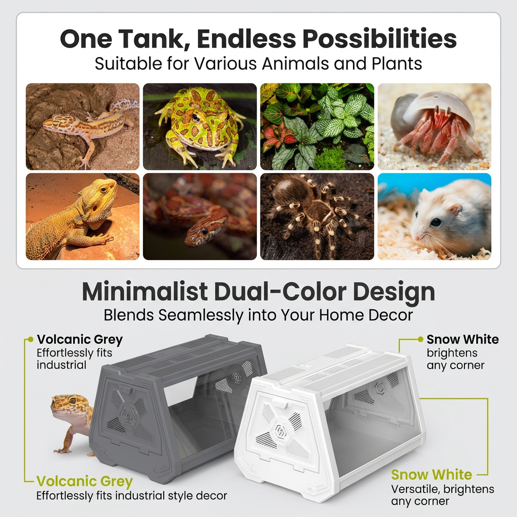 White Desktop Reptile Terrarium Enclosure 35X25.5X22cm with Double Door Opening and Ventilation for Small Reptiles, Amphibians and Plants