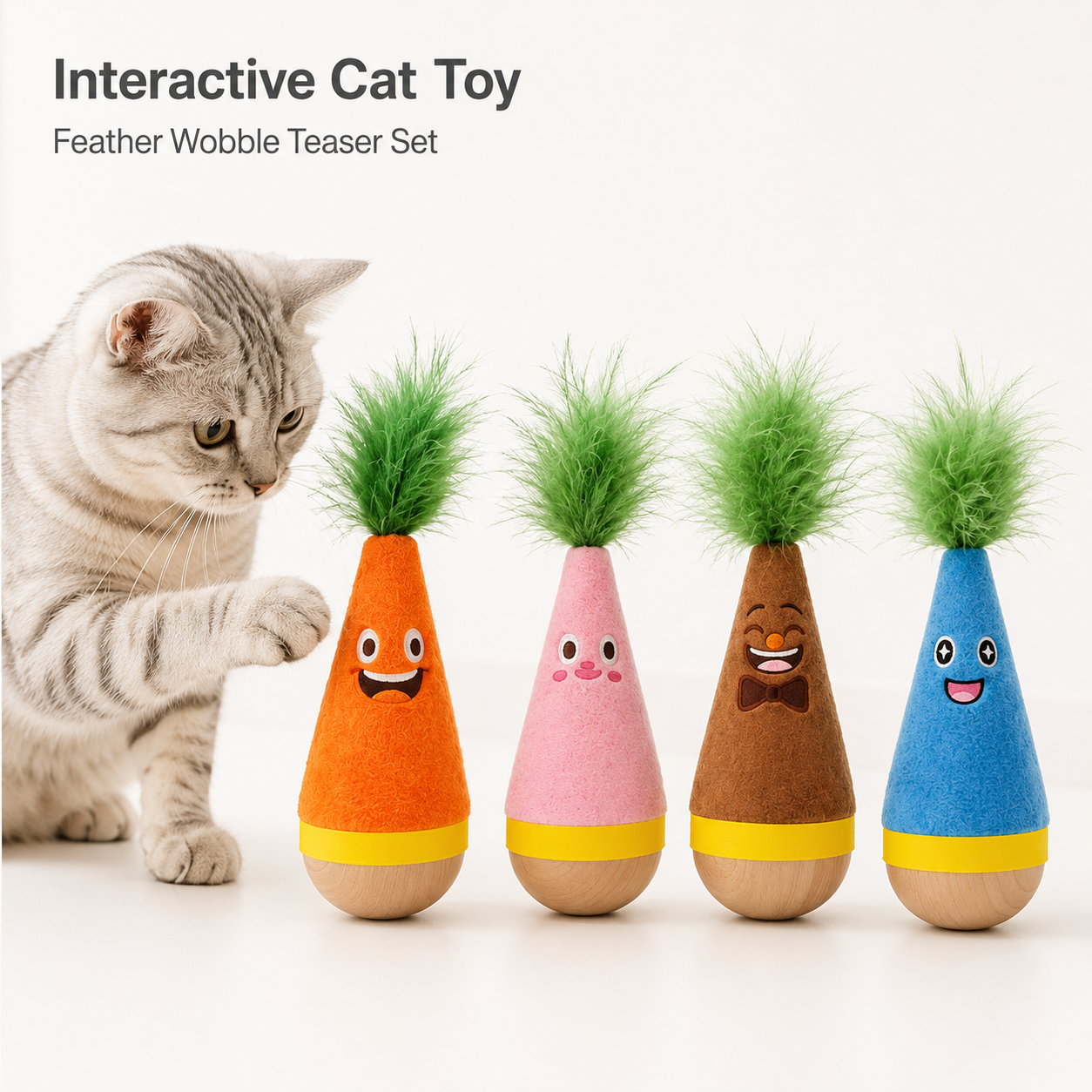 Interactive Feather Wobble Cat Toy - 4 Pack