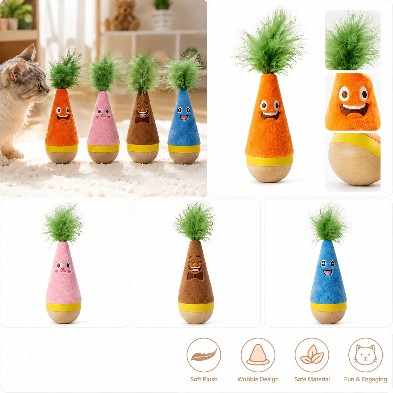 Interactive Feather Wobble Cat Toy - 4 Pack