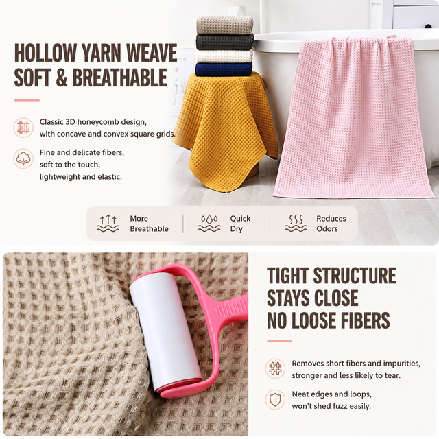 5 Piece Yellow Waffle Weave 100% Cotton Towel Set - Quick Dry Absorbent Bath Towel, 2 x Towels and 2 x Face Towels with Hanging Hook for Home and Guest Use
