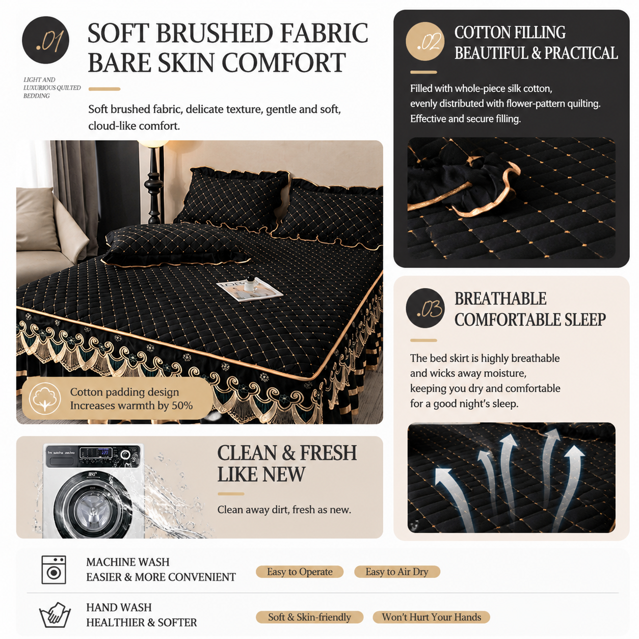 Blue and Gold European Soft Brushed Quilted Bed Skirt + 2 Pillowcases Set - Breathable Padded 150 x 200CM Mattress Cover with Lace Trim and 45CM Elevated Valance, All Season Dust Protection