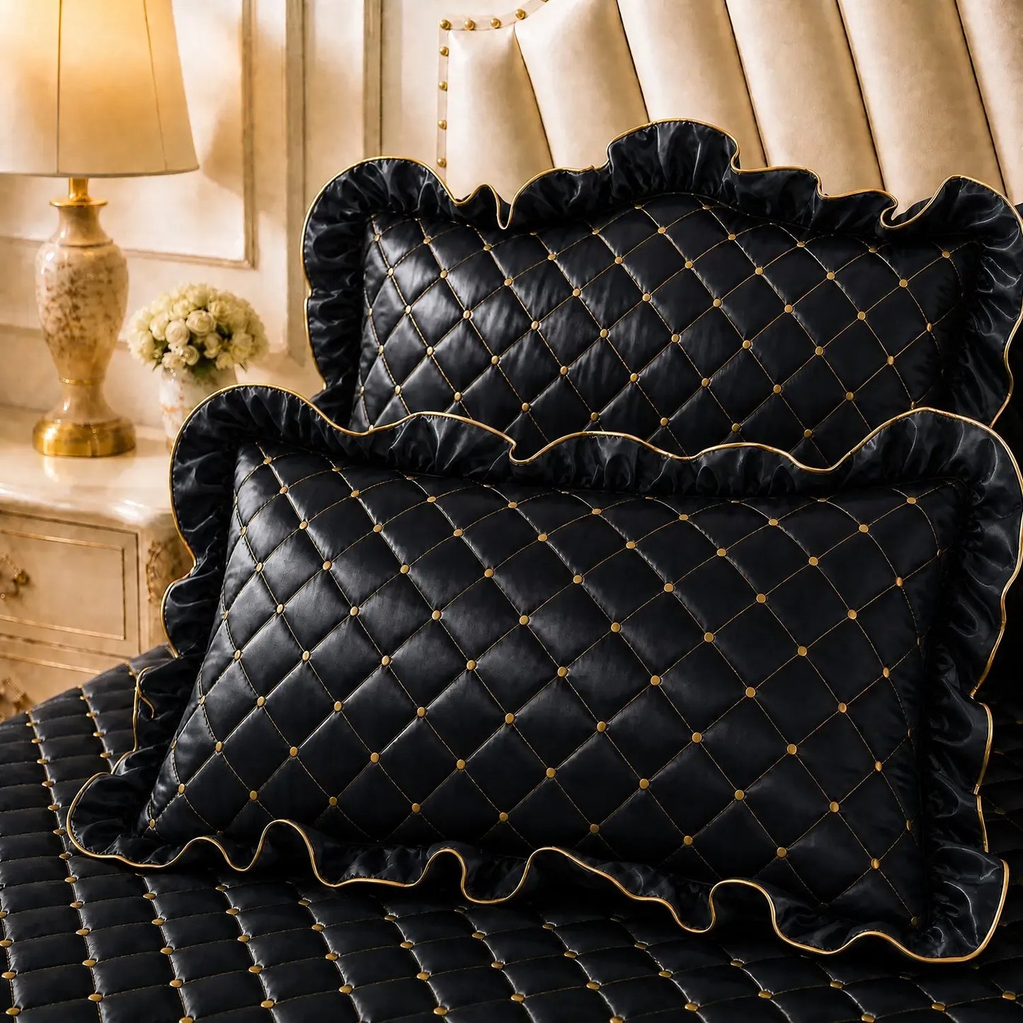 Blue and Gold European Soft Brushed Quilted Bed Skirt + 2 Pillowcases Set - Breathable Padded 150 x 200CM Mattress Cover with Lace Trim and 45CM Elevated Valance, All Season Dust Protection
