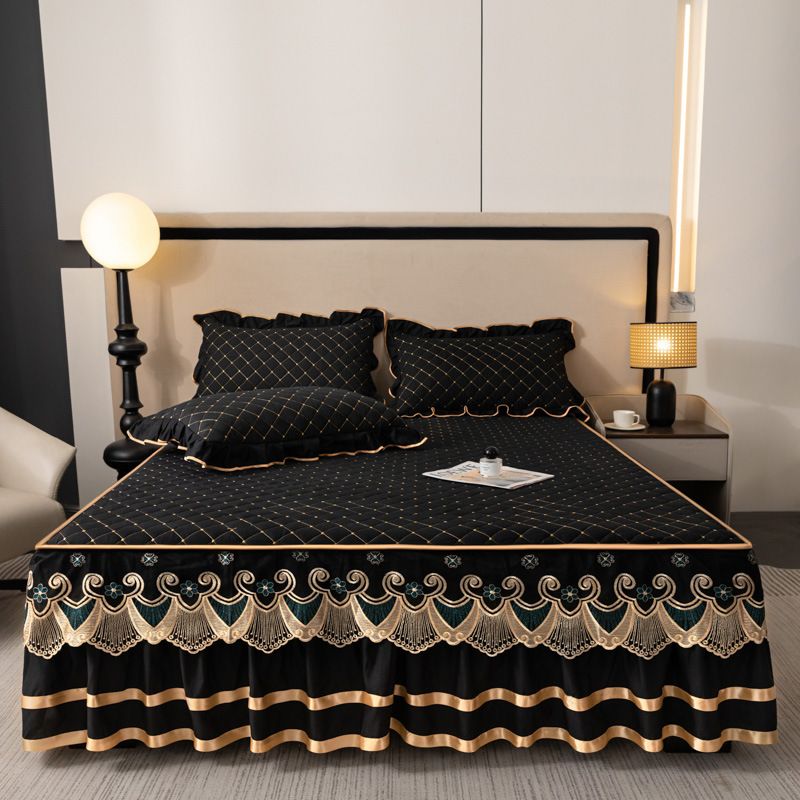 Blue and Gold European Soft Brushed Quilted Bed Skirt + 2 Pillowcases Set - Breathable Padded 180 x 200CM Mattress Cover with Lace Trim and 45CM Elevated Valance, All Season Dust Protection