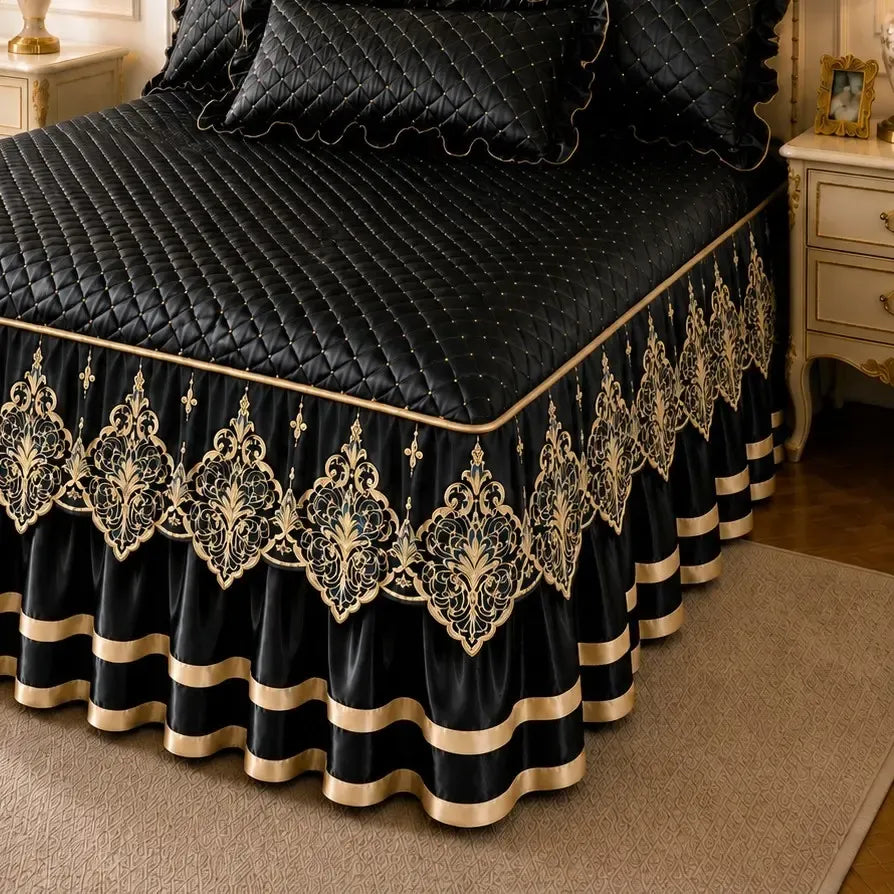 Blue and Gold European Soft Brushed Quilted Bed Skirt + 2 Pillowcases Set - Breathable Padded 180 x 220CM Mattress Cover with Lace Trim and 45CM Elevated Valance, All Season Dust Protection