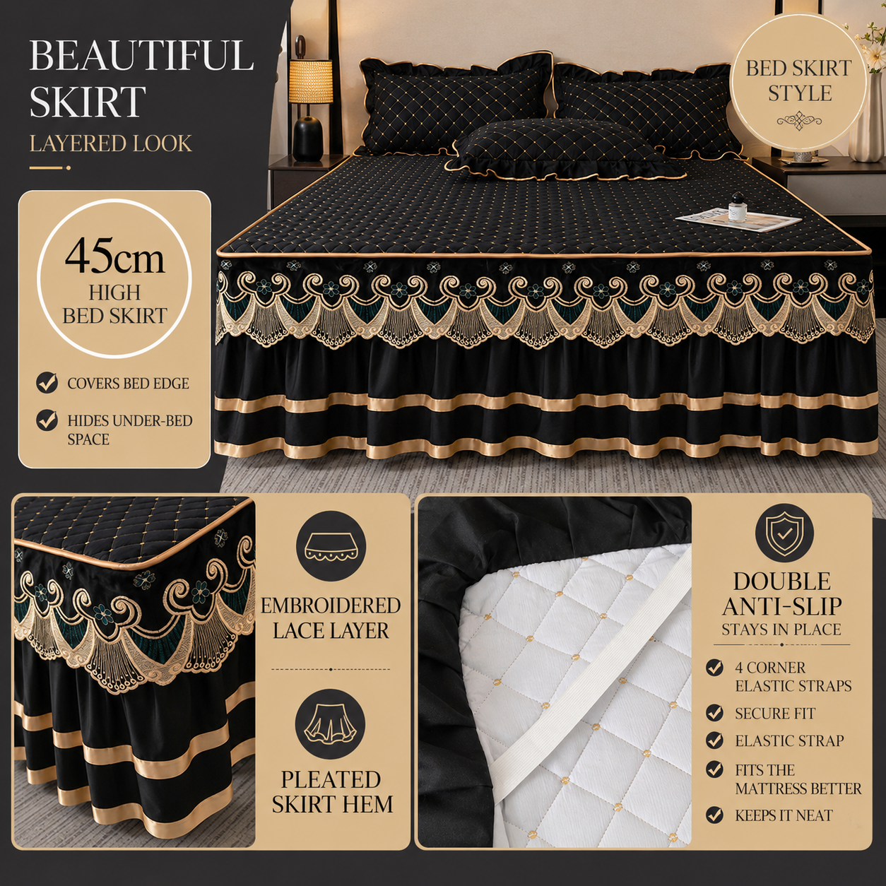Blue and Gold European Soft Brushed Quilted Bed Skirt + 2 Pillowcases Set - Breathable Padded 200 x 220CM Mattress Cover with Lace Trim and 45CM Elevated Valance, All Season Dust Protection