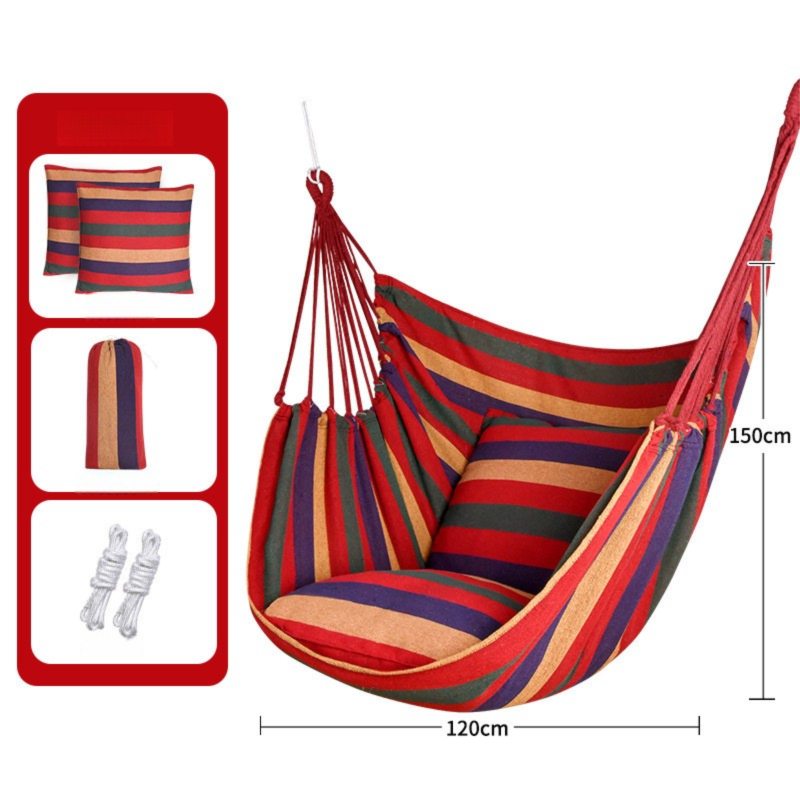 Red Stripes Oversized Hanging Swing Chair Canvas Hammock + 2 Pack 45 x 45CM Pillows Set (120 x 150 CM) - Portable Indoor & Outdoor Thickened Leisure Hammock Chair with Binding Ropes and Storage Bag