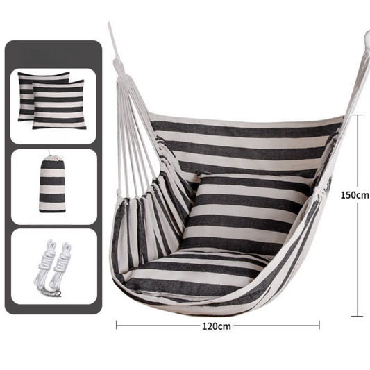 Black White Stripes Oversized Hanging Swing Chair Canvas Hammock + 2 Pack 45 x 45CM Pillows Set (120 x 150 CM) - Portable Indoor & Outdoor Thickened Leisure Hammock Chair with Binding Ropes and Storage Bag