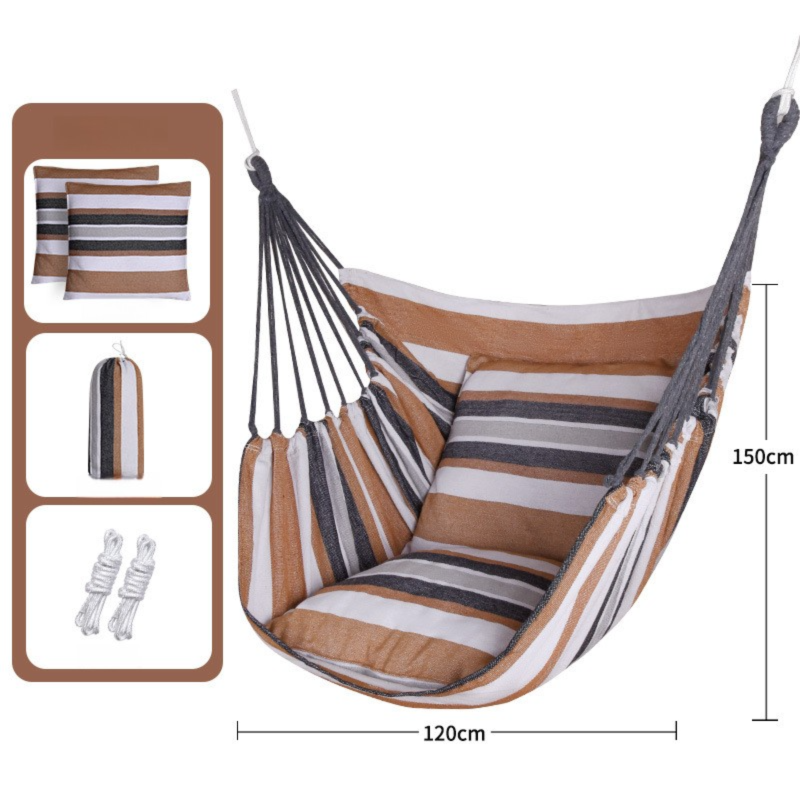 Khaki Stripes Oversized Hanging Swing Chair Canvas Hammock + 2 Pack 45 x 45CM Pillows Set (120 x 150 CM) - Portable Indoor & Outdoor Thickened Leisure Hammock Chair with Binding Ropes and Storage Bag