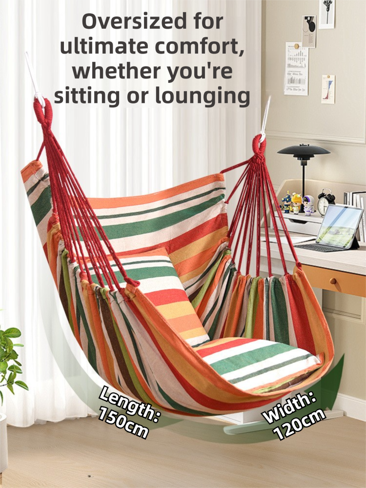 Khaki Stripes Oversized Hanging Swing Chair Canvas Hammock + 2 Pack 45 x 45CM Pillows Set (120 x 150 CM) - Portable Indoor & Outdoor Thickened Leisure Hammock Chair with Binding Ropes and Storage Bag
