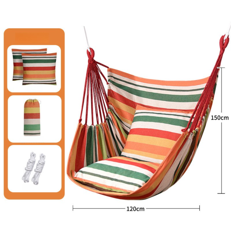 Orange Stripes Oversized Hanging Swing Chair Canvas Hammock + 2 Pack 45 x 45CM Pillows Set (120 x 150 CM) - Portable Indoor & Outdoor Thickened Leisure Hammock Chair with Binding Ropes and Storage Bag