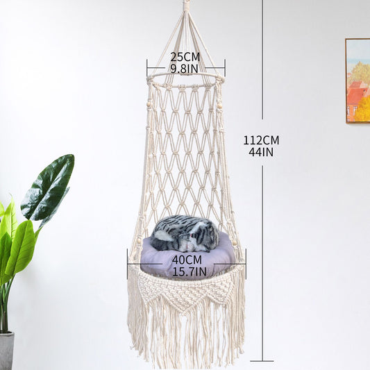 Boho Macrame Hanging Cat Hammock with Wooden Beads and Tassels - 112cm Large Handmade Cotton Rope Cat Swing Round Bed for Indoor Outdoor Cats