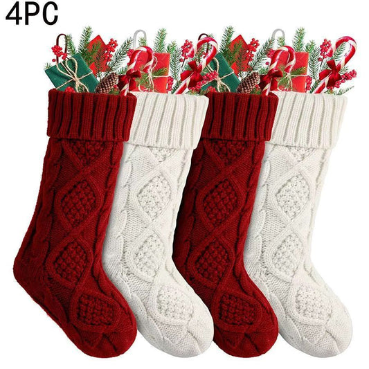 4PCS Chunky Knit Christmas Stocking 53cm - Large Hanging Gift Sock with Aran Diamond Pattern & Ribbed Cuff for Fireplace Mantel Christmas Tree Holiday Decor (Red White)