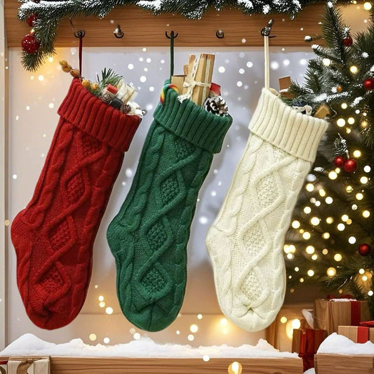 3PCS Chunky Knit Christmas Stocking 53cm - Large Hanging Gift Sock with Aran Diamond Pattern & Ribbed Cuff for Fireplace Mantel Christmas Tree Holiday Decor (Green Red White)