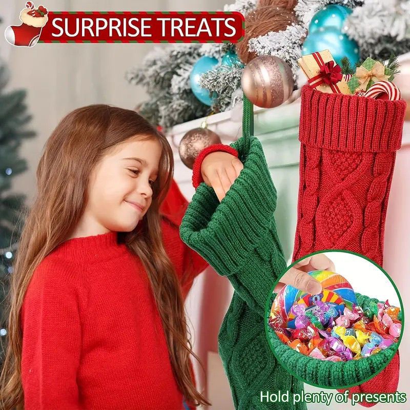3PCS Chunky Knit Christmas Stocking 53cm - Large Hanging Gift Sock with Aran Diamond Pattern & Ribbed Cuff for Fireplace Mantel Christmas Tree Holiday Decor (Green Red White)