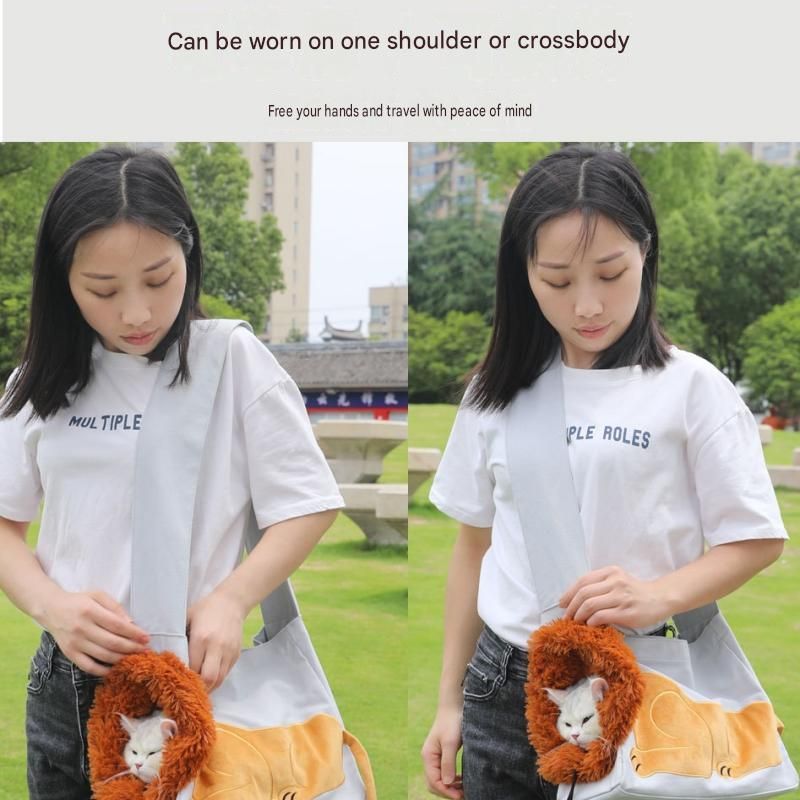 Lion Style Canvas Pet Carrier Grey Bag（small size 35*12*24cm） - Adjustable Head Opening, Breathable Mesh, 8cm Wide Shoulder Strap, PE Support Base, Portable Crossbody Sling for Cats and Small Dogs, Travel Friendly Design