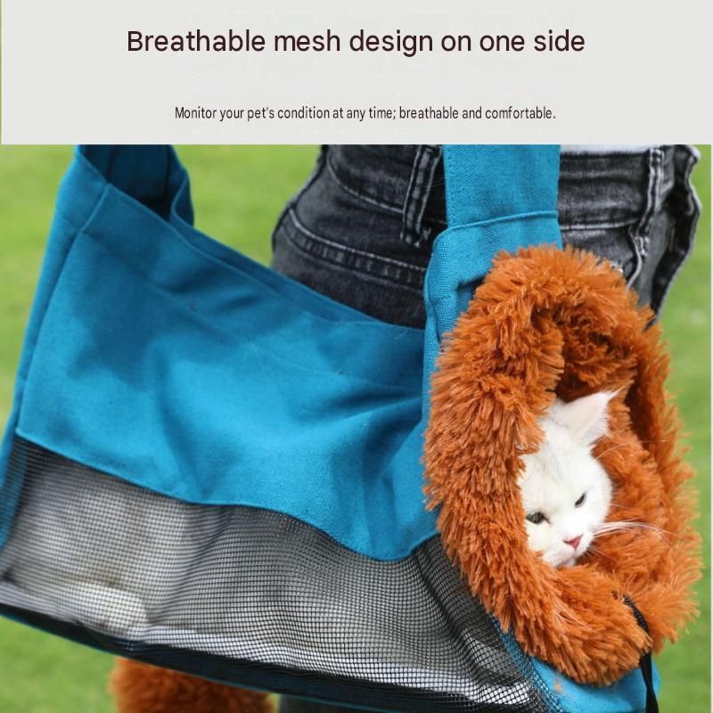 Lion Style Canvas Pet Carrier Blue Bag（small size 35*12*24cm） - Adjustable Head Opening, Breathable Mesh, 8cm Wide Shoulder Strap, PE Support Base, Portable Crossbody Sling for Cats and Small Dogs, Travel Friendly Design