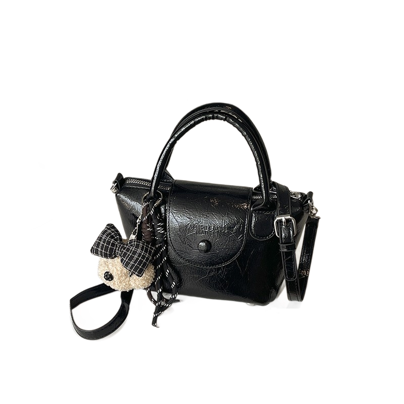 Black Compact PU Leather Crossbody Bag With a pendant- Lightweight Handheld Shoulder Purse with Adjustable Strap, Zipper Closure and Metal Feet for Women, Daily Commute and Travel
