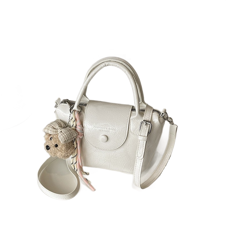 White Compact PU Leather Crossbody Bag With a pendant- Lightweight Handheld Shoulder Purse with Adjustable Strap, Zipper Closure and Metal Feet for Women, Daily Commute and Travel