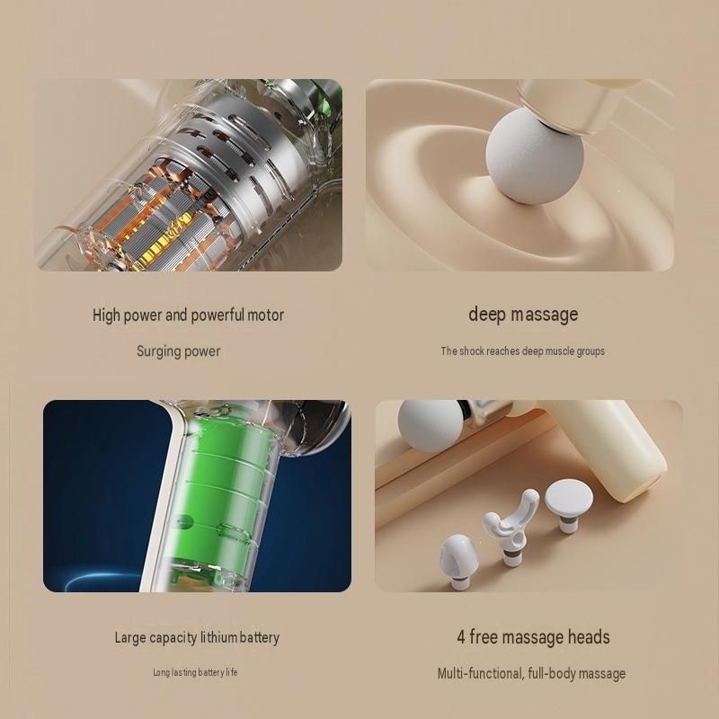 Mini Massage Gun - Portable Percussion Massager with  14 x 3.6 cm massage head and 4  Heads , USB-C Rechargeable Muscle Relief Device for Neck, Back, Legs - Compact White Handheld Deep Tissue Vibrator for Women & Travel