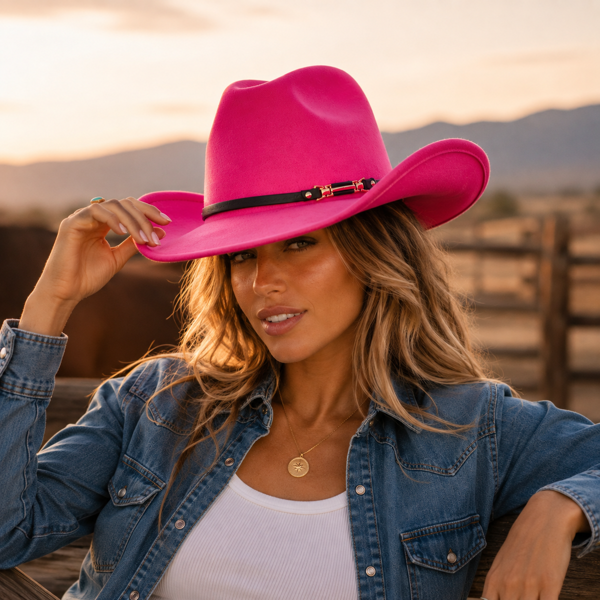 Western Cowboy Hat - Rose red Wide Brim Cowboy Hat with Leather-Look Band, Metal Rivet and Square Buckle Detail for Casual, Festival and Western Style