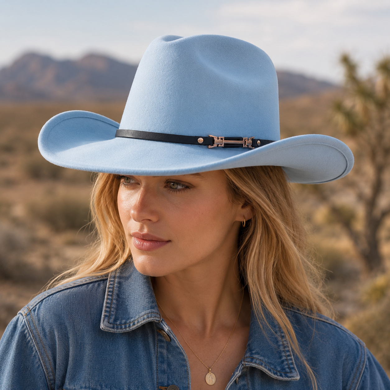 Western Cowboy Hat - Sky Blue Wide Brim Cowboy Hat with Leather-Look Band, Metal Rivet and Square Buckle Detail for Casual, Festival and Western Style