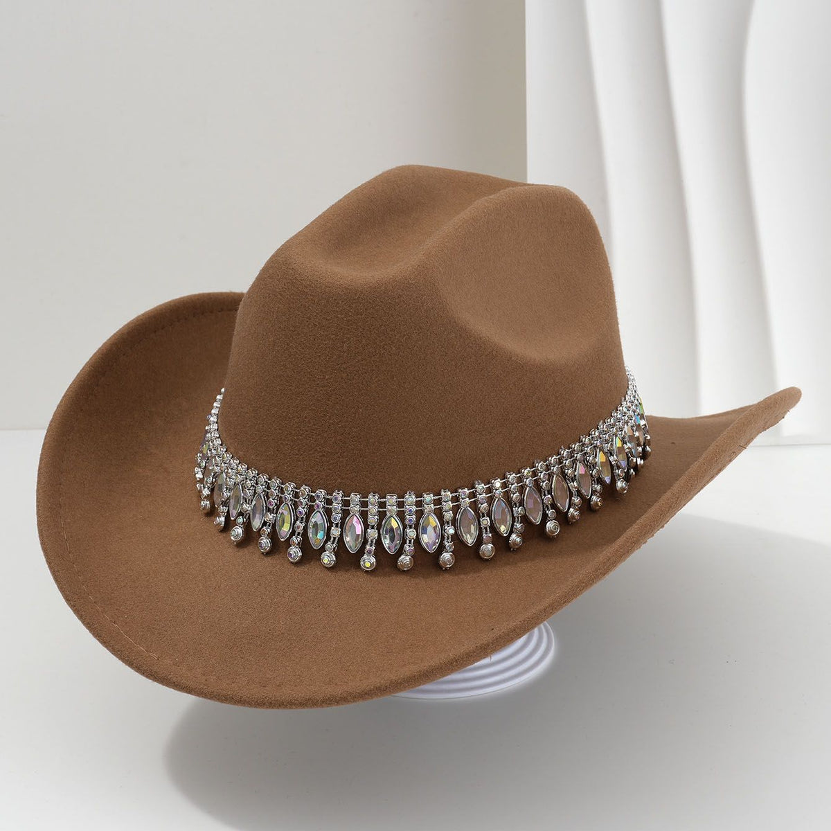 Rhinestone Cowboy Hat - Camel Western Hat with Iridescent Gemstone Fringe Band, Wide Curved Brim for Weddings, Parties, Festivals and Stage Outfits