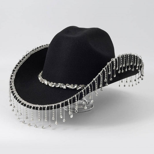 Western Cowboy Hat with Rhinestone Tassel Fringe - Black Felt-Style Party Hat with Decorative Chain for Festivals, Weddings and Stage Outfits