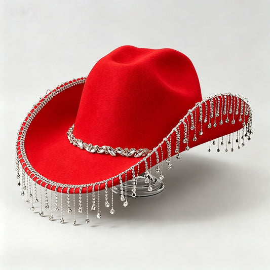 Western Cowboy Hat with Rhinestone Tassel Fringe - Red Felt-Style Party Hat with Decorative Chain for Festivals, Weddings and Stage Outfits