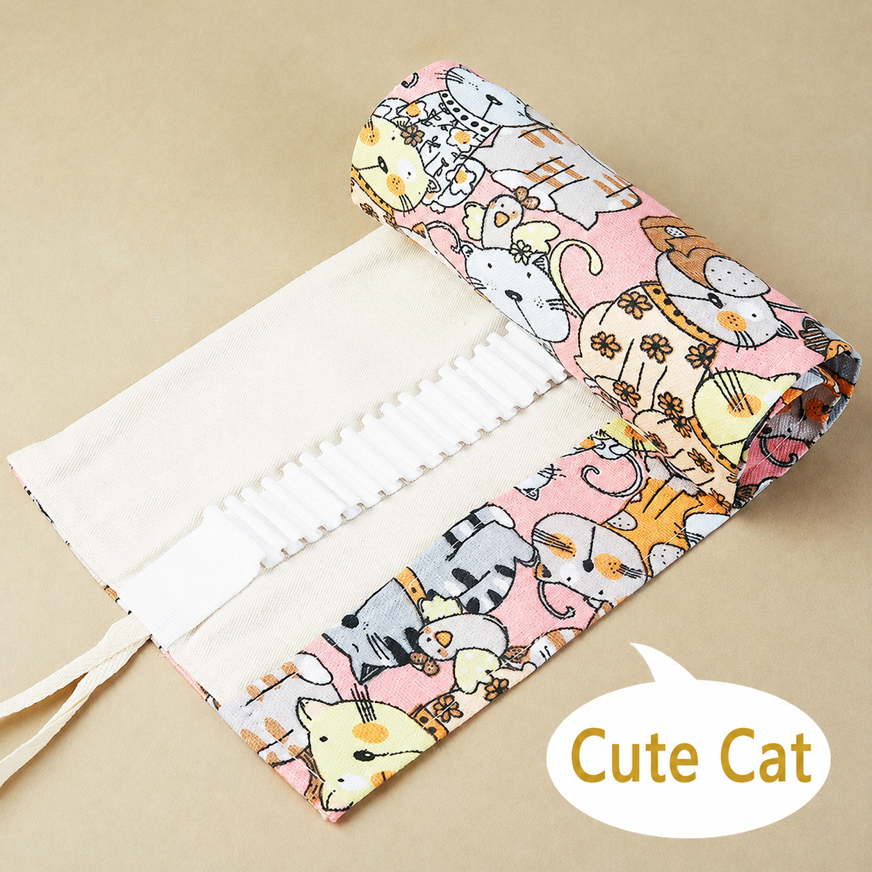 108-Slot Cat Print Canvas Pencil Roll - Large Capacity Roll-Up Pencil Case with Individual Holders and Tie Closure for Coloured Pencils, Drawing and Sketching