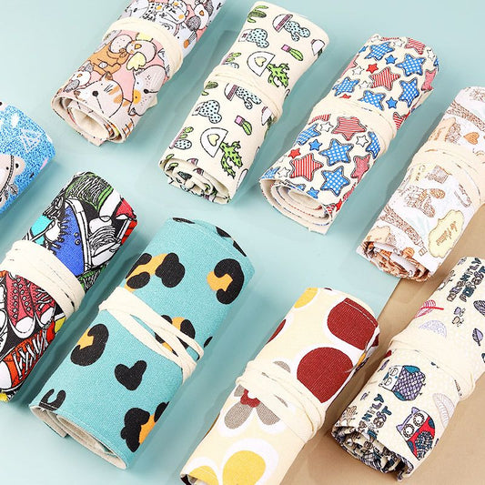 108-Slot Cat Print Canvas Pencil Roll - Large Capacity Roll-Up Pencil Case with Individual Holders and Tie Closure for Coloured Pencils, Drawing and Sketching