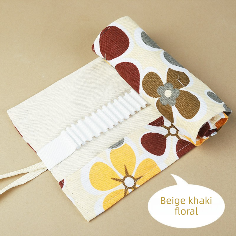 108-Slot Print Canvas Pencil Roll (Beige and khaki flowers)- Large Capacity Roll-Up Pencil Case with Individual Holders and Tie Closure for Coloured Pencils, Drawing and Sketching
