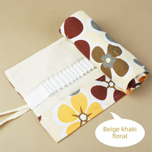 108-Slot Print Canvas Pencil Roll (Beige and khaki flowers)- Large Capacity Roll-Up Pencil Case with Individual Holders and Tie Closure for Coloured Pencils, Drawing and Sketching