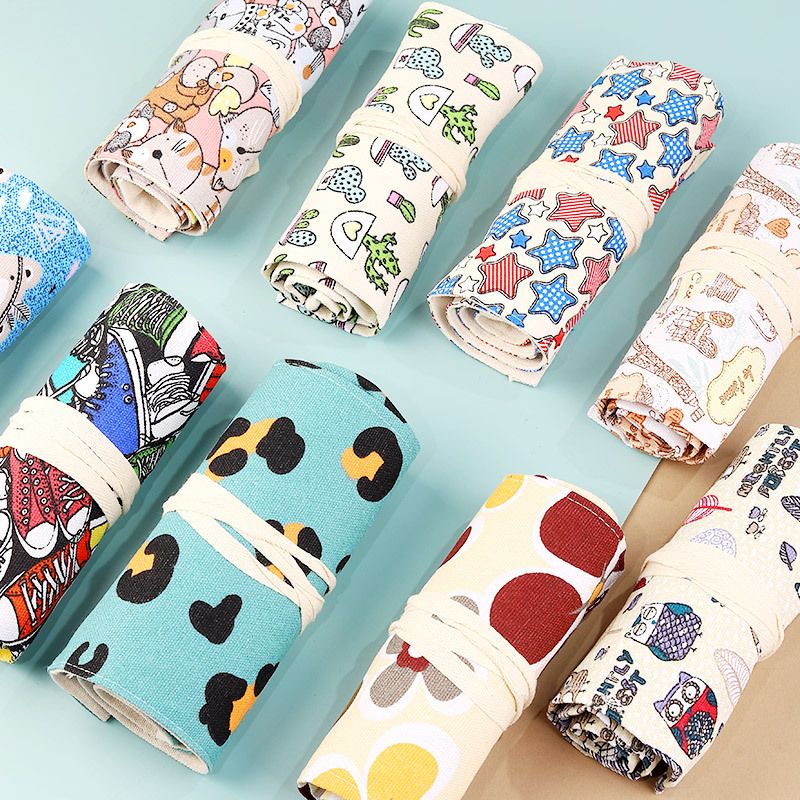 108-Slot Print Canvas Pencil Roll (Beige and khaki flowers)- Large Capacity Roll-Up Pencil Case with Individual Holders and Tie Closure for Coloured Pencils, Drawing and Sketching
