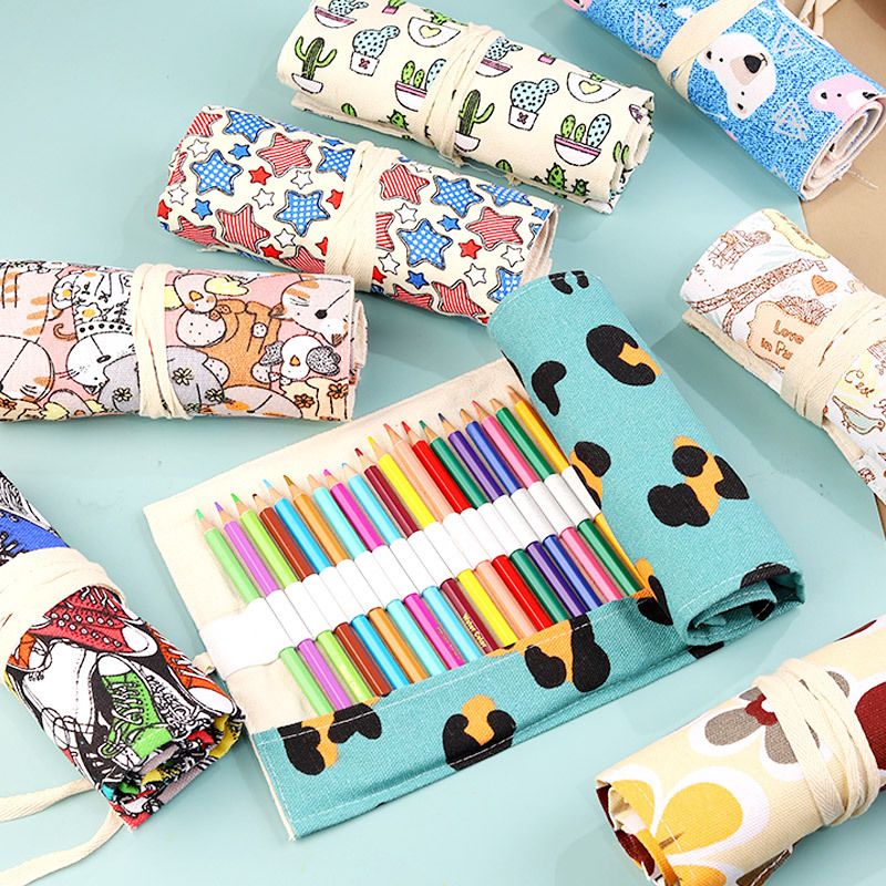 108-Slot Print Canvas Pencil Roll (Beige and khaki flowers)- Large Capacity Roll-Up Pencil Case with Individual Holders and Tie Closure for Coloured Pencils, Drawing and Sketching