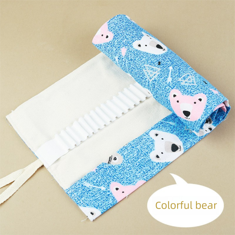 108-Slot Print Canvas Pencil Roll (Colorful bear)- Large Capacity Roll-Up Pencil Case with Individual Holders and Tie Closure for Coloured Pencils, Drawing and Sketching