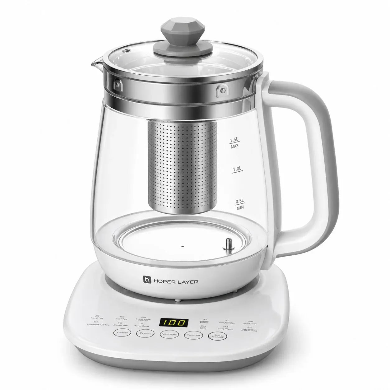 Hoper Layer Electric Glass Tea Kettle - 1.5L