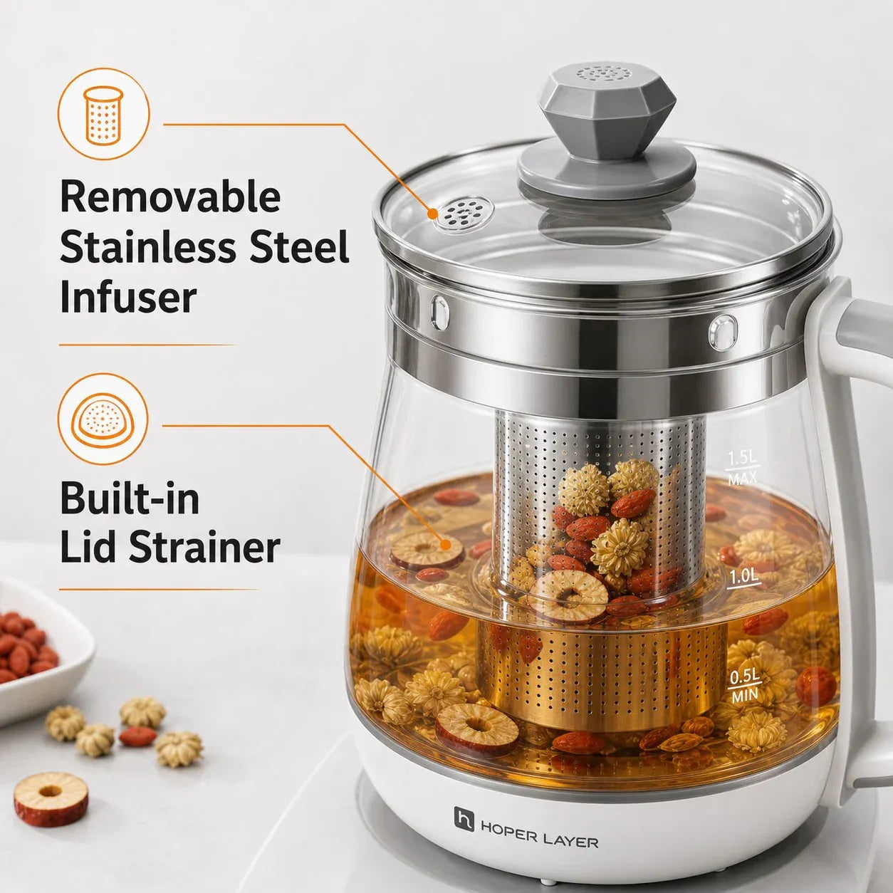 Hoper Layer Electric Glass Tea Kettle - 1.5L