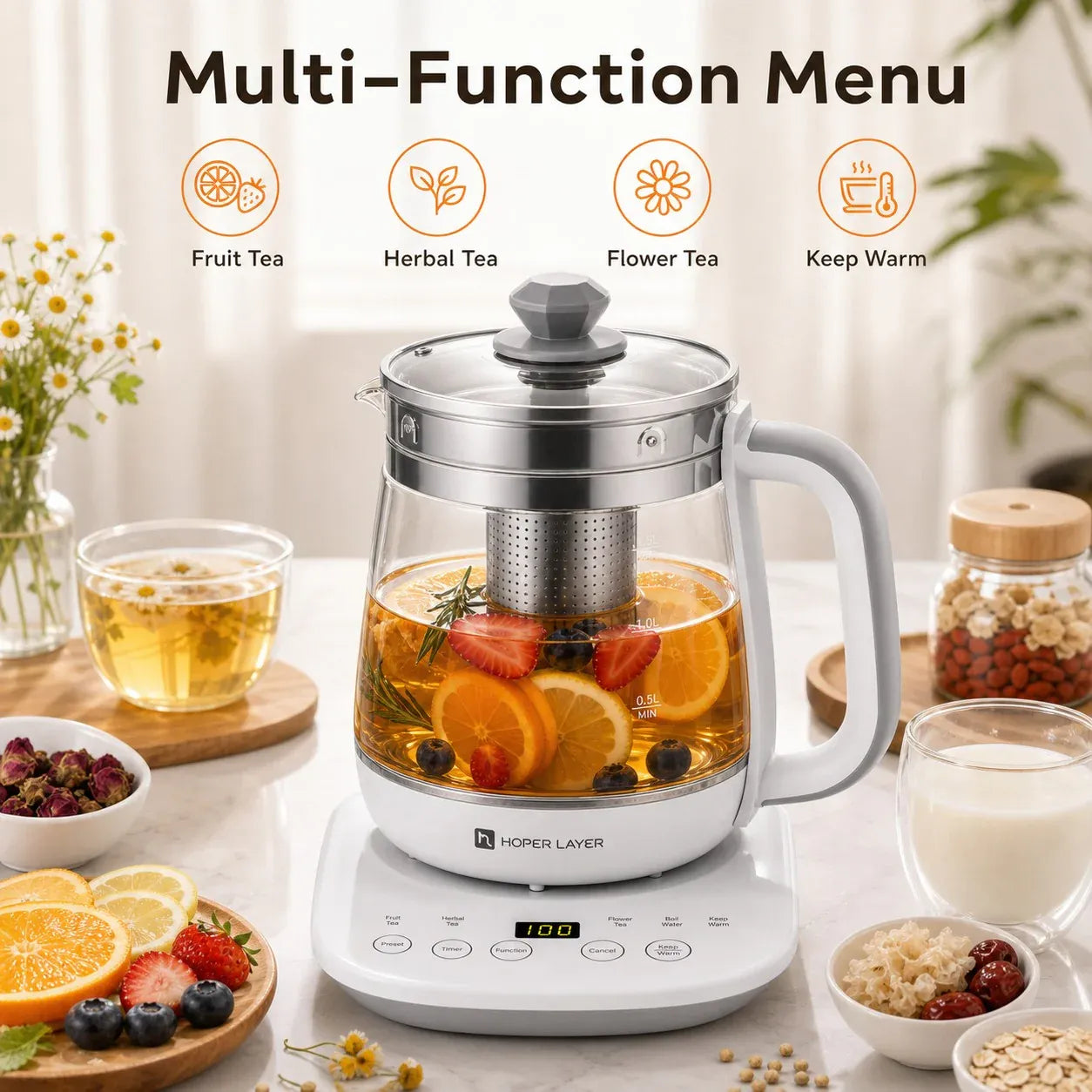 Hoper Layer Electric Glass Tea Kettle - 1.5L