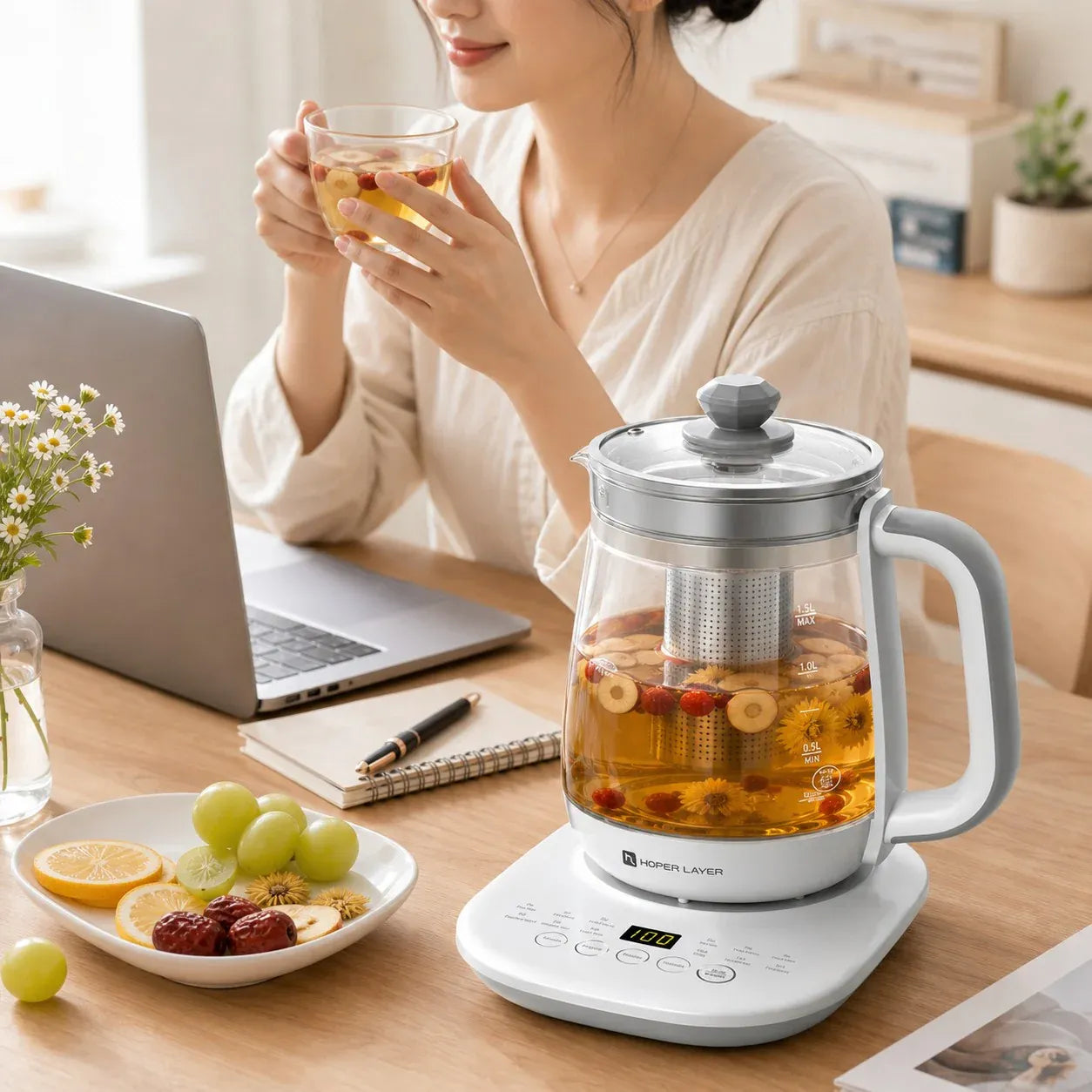 Hoper Layer Electric Glass Tea Kettle - 1.5L