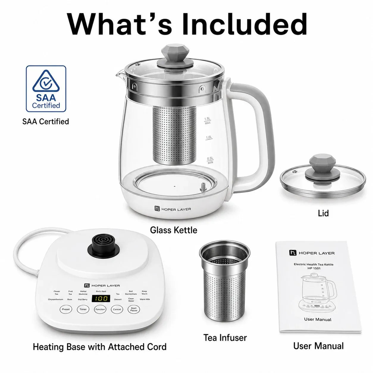 Hoper Layer Electric Glass Tea Kettle - 1.5L