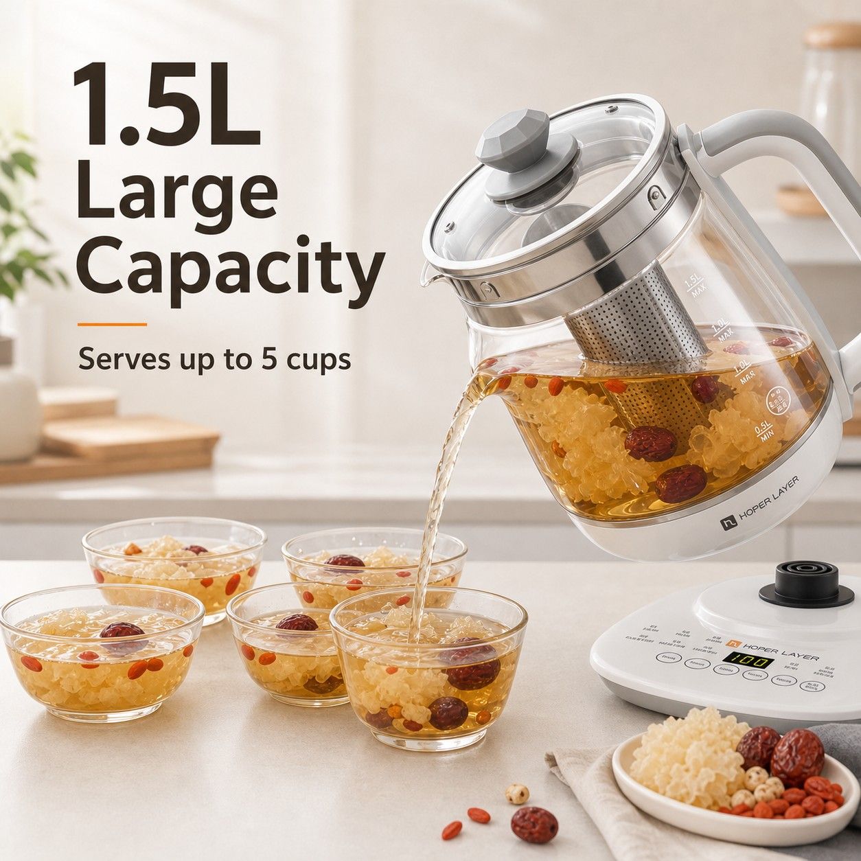 Hoper Layer Electric Glass Tea Kettle - 1.5L