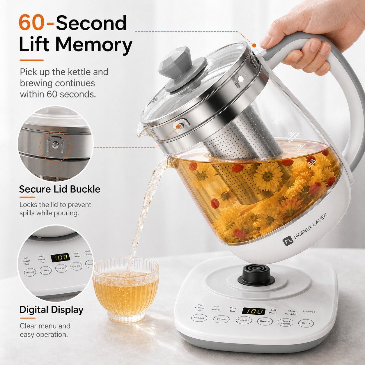 Hoper Layer Electric Glass Tea Kettle - 1.5L